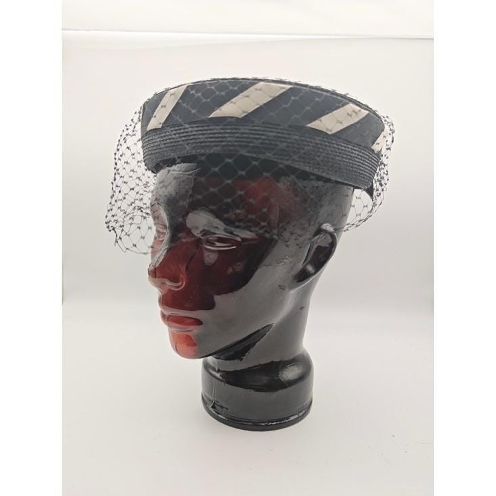 Classic Black Veiled Pillbox Hat with Cream Accents